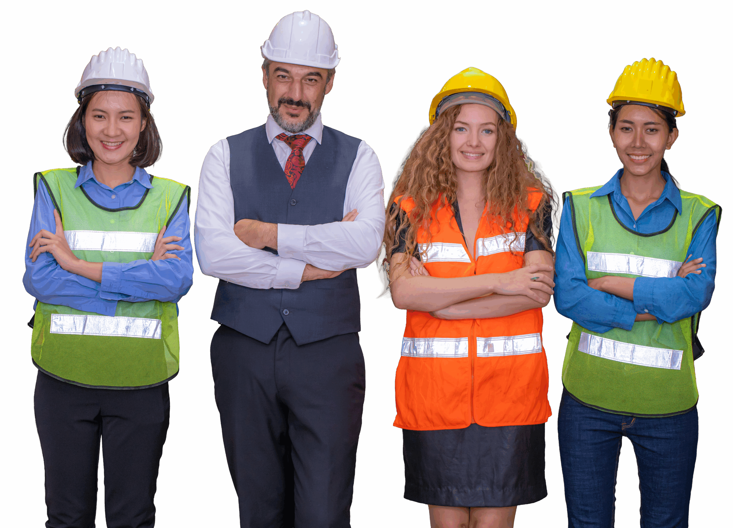 Gruppo di professionisti con caschi di sicurezza e gilet ad alta visibilità durante una sessione di formazione aziendale.