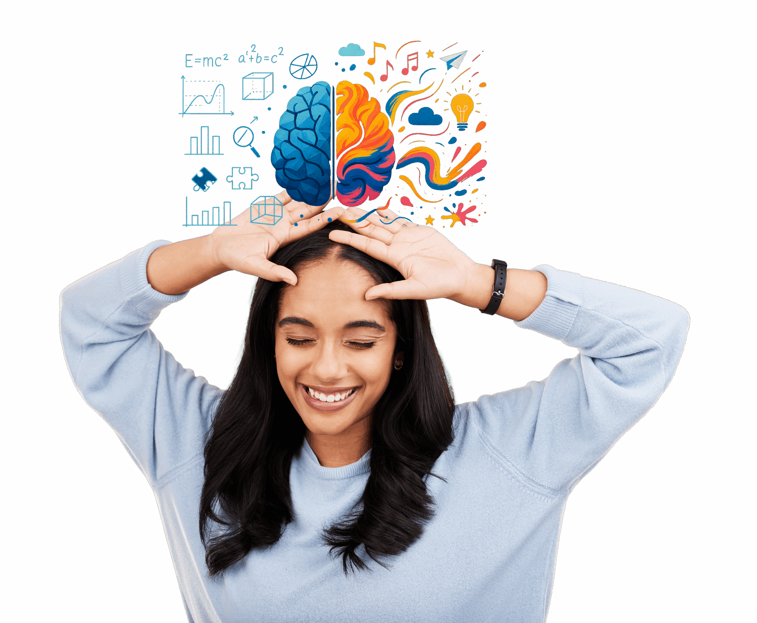 Ragazza sorridente con illustrazione colorata del cervello che rappresenta logica e creatività, simbolo di apprendimento innovativo.